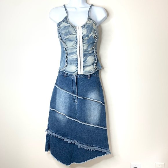 Vintage Y2k Junaly Asymmetrical Denim Midi Skirt - Picture 3 of 13